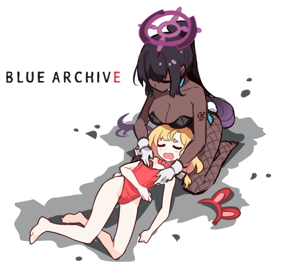 ideolo, karin (blue archive), karin (bunny) (blue archive), momoi (blue archive), neru (blue archive), neru (bunny) (blue archive), blue archive, commentary request, 2girls, animal ear hairband, animal ears, arm tattoo, bare arms, bare legs, bare shoulders, barefoot, black hair, black leotard, blonde hair, breasts, cleavage, collarbone, cosplay, drooling, english text, fake animal ears, feet, fishnets, gloves, gradient hair, hairband, halo, lap pillow, large breasts, leotard, lying, multicolored hair, multiple girls, neru (blue archive) (cosplay), playboy bunny, purple hair, rabbit ears, red leotard, sleeping, small breasts, tattoo, toes, unworn fake animal ears, unworn hairband, white gloves, white wrist cuffs, wrist cuffs