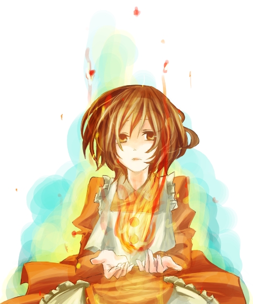 key (baby-mom), sacrifice, elysion, sound horizon, bad id, bad pixiv id, 1girl, apron, brown hair, female focus, fire, short hair, solo