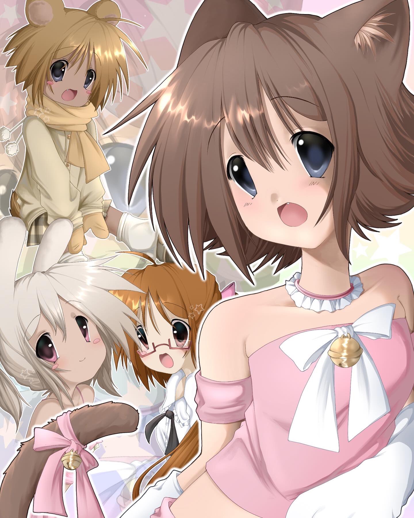 ponymoe, highres, official art, 2000s (style), animal ears, blush, brown hair, cat ears, cat girl, cat tail, chlem (magi stop), darcie (magi stop), dark-skinned female, dark skin, faux retro artstyle, glasses, gloves, magi stop, magical girl, mina (magi stop), multiple girls, open mouth, rabbit girl, scarf, skirt, smile, tail, tammy (magi stop), tareme