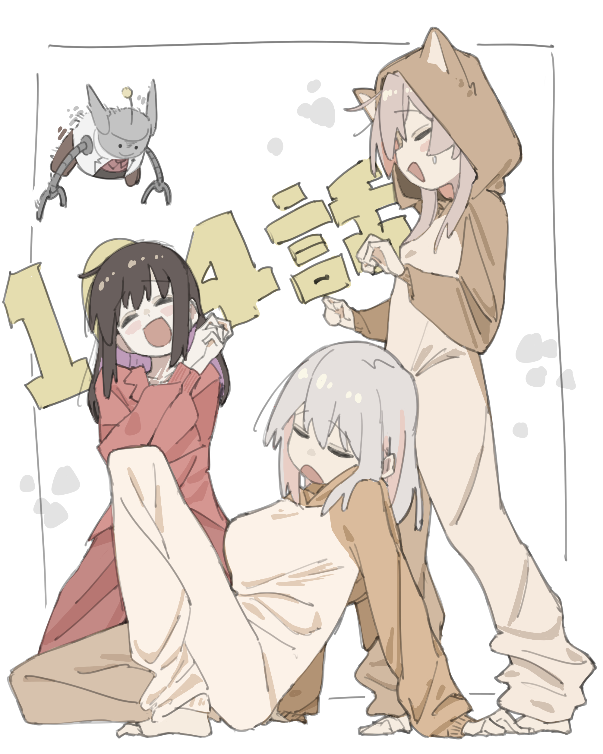 yuzuponzup, oyama mahiro, oyama matsuri, oyama mihari, onii-chan wa oshimai!, absurdres, commentary, highres, 3girls, :d, animal ear hood, animal ears, barefoot, black hair, blush stickers, closed eyes, colored inner hair, fake animal ears, grey hair, hair down, hood, hood down, hood up, long sleeves, mother and daughter, multicolored hair, multiple girls, onesie, open mouth, own hands clasped, own hands together, pajamas, purple hair, red pajamas, robot, siblings, simple background, sisters, smile, two-tone hair, white background