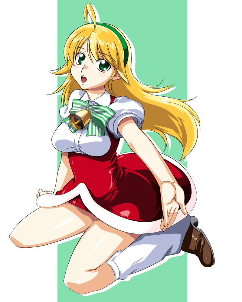 sfix, takase hironori, hoshii miki, idolmaster, idolmaster (classic), 00s, ahoge, bell, blonde hair, green eyes, hairband, long hair, sitting, solo