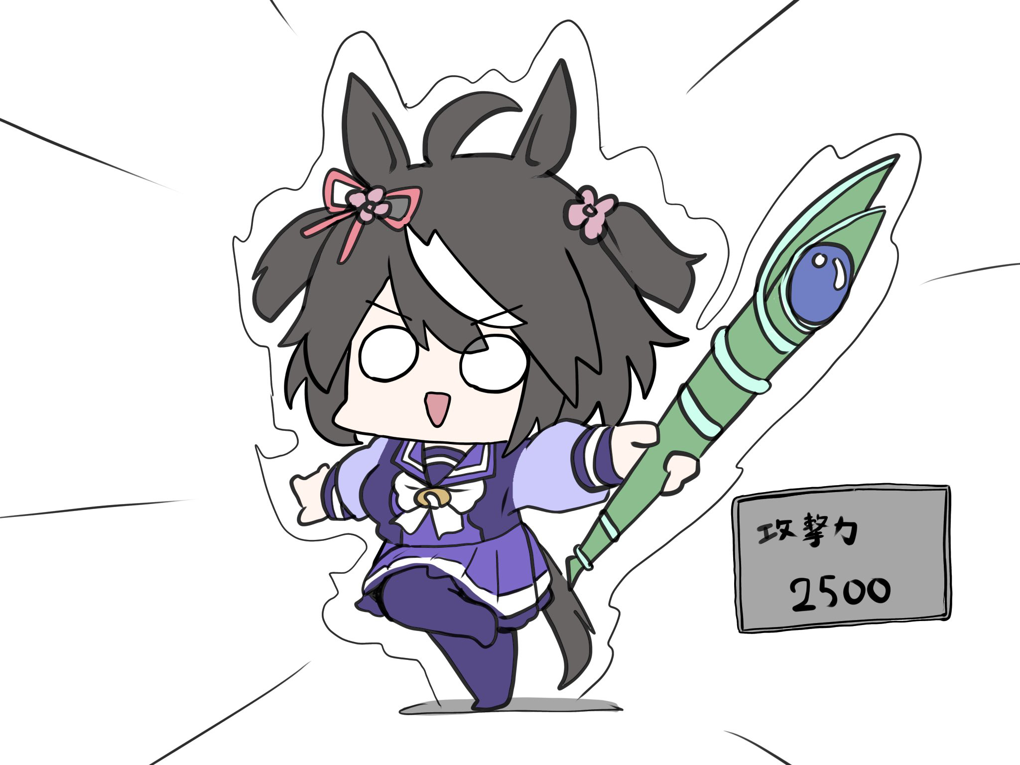 kawamochi (tddm3573), kitasan black (umamusume), umamusume, highres, translation request, 1girl, :d, ahoge, animal ears, black hair, bow, emphasis lines, holding, horse ears, horse girl, horse tail, long sleeves, looking at viewer, multicolored hair, o o, open mouth, pantyhose, pleated skirt, puffy long sleeves, puffy sleeves, purple pantyhose, purple shirt, purple skirt, school uniform, shadow, shirt, simple background, skirt, smile, solo, standing, standing on one leg, streaked hair, tail, tracen school uniform, two side up, v-shaped eyebrows, white background, white bow, white hair