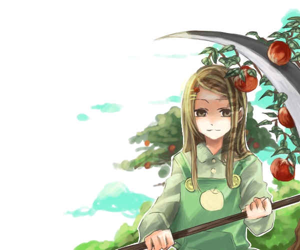key (baby-mom), sicle, yield, elysion, sound horizon, bad id, bad pixiv id, apple, brown hair, food, food-themed clothes, fruit, hair ornament, hairpin, scythe, smile, solo
