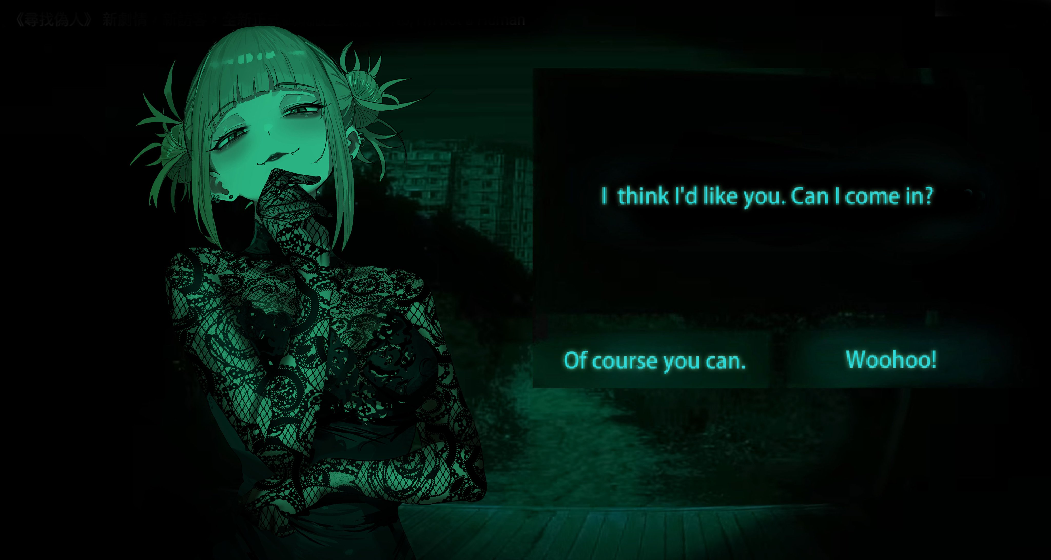 zd (pixiv6210083), toga himiko, boku no hero academia, no i'm not a human, absurdres, highres, 1girl, black dress, blonde hair, blunt bangs, crossover, dialogue options, double bun, dress, earrings, english text, finger to own chin, fishnet top, fishnets, green theme, hair bun, jewelry, looking at viewer, night, short hair, sidelocks, smirk, solo