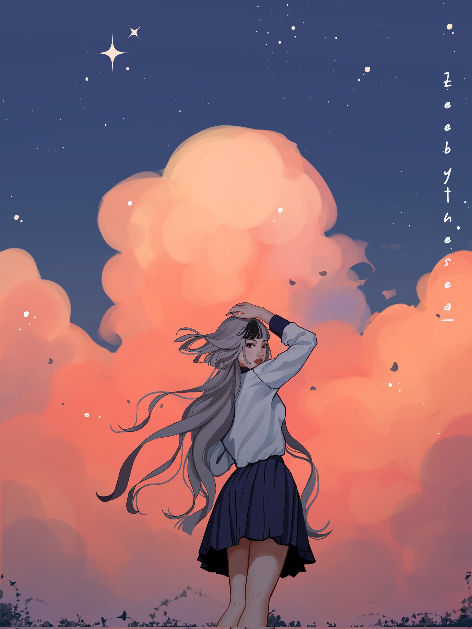 zeebythesea, original, highres, 1girl, arm up, artist name, asian, black streaks, blue skirt, blue trim, bob cut, closed mouth, cloud, cloudy sky, collared shirt, cumulonimbus cloud, evening, falling petals, feet out of frame, floating hair, from behind, hand on own head, jellyfish cut, kira (zeebythesea), light particles, long hair, looking back, petals, pleated skirt, red eyes, shirt, single hair streak, skirt, sky, standing, star (sky), thick lips, very long hair, white hair, white shirt, wind