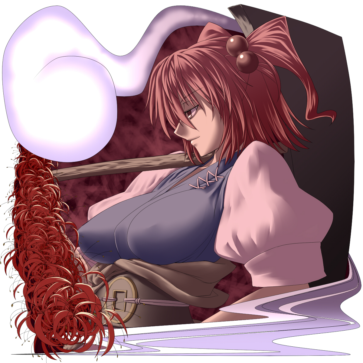 tro (trombe), onozuka komachi, touhou, highres, 1girl, breasts, female focus, flower, large breasts, plant, red flower, red hair, scythe, short hair, solo, spider lily, twintails, two side up, upper body