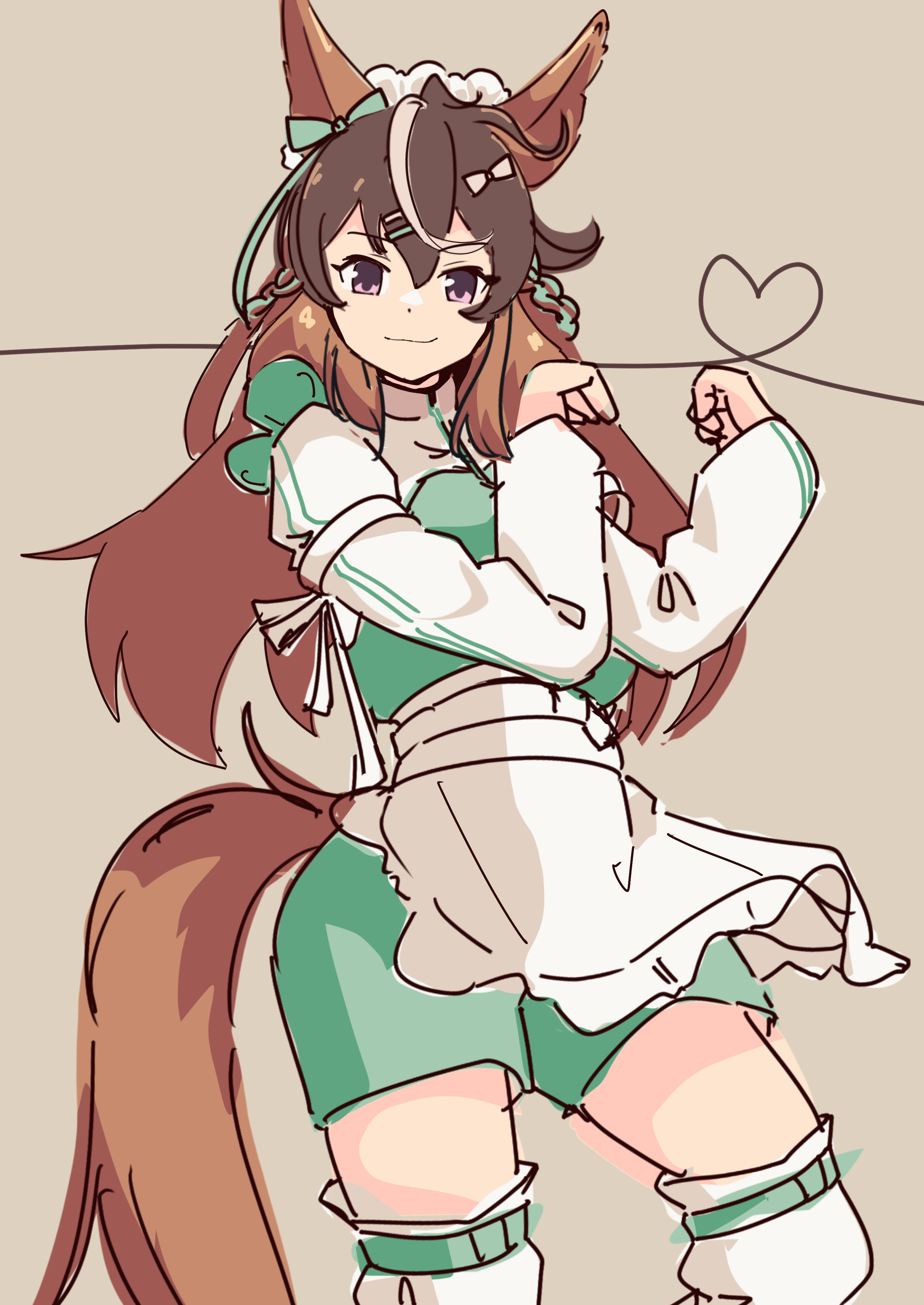 hinokey (hinokey0126), symboli rudolf (umamusume), umamusume, umamusume: cinderella gray, absurdres, highres, 1girl, alternate costume, animal ears, apron, bow, brown hair, closed mouth, ear bow, frilled apron, frills, green jacket, green track suit, hair between eyes, hair bow, heart arms, horse ears, horse girl, horse tail, jacket, jersey maid, leg warmers, long hair, long sleeves, looking at viewer, maid, maid apron, maid headdress, multicolored hair, purple eyes, simple background, smile, streaked hair, tail, thighhighs, track jacket, track suit, unconventional maid, waist apron, white apron, white hair, white leg warmers, white thighhighs
