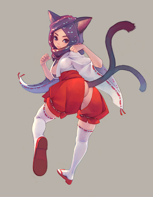weno, original, 1girl, animal ears, animal hood, ass, breasts, brown eyes, cat ears, cat hood, cat tail, female focus, hood, japanese clothes, kneepits, looking back, medium breasts, multiple tails, nekomata, paw pose, sideboob, simple background, small breasts, smile, solo, tail, thighhighs