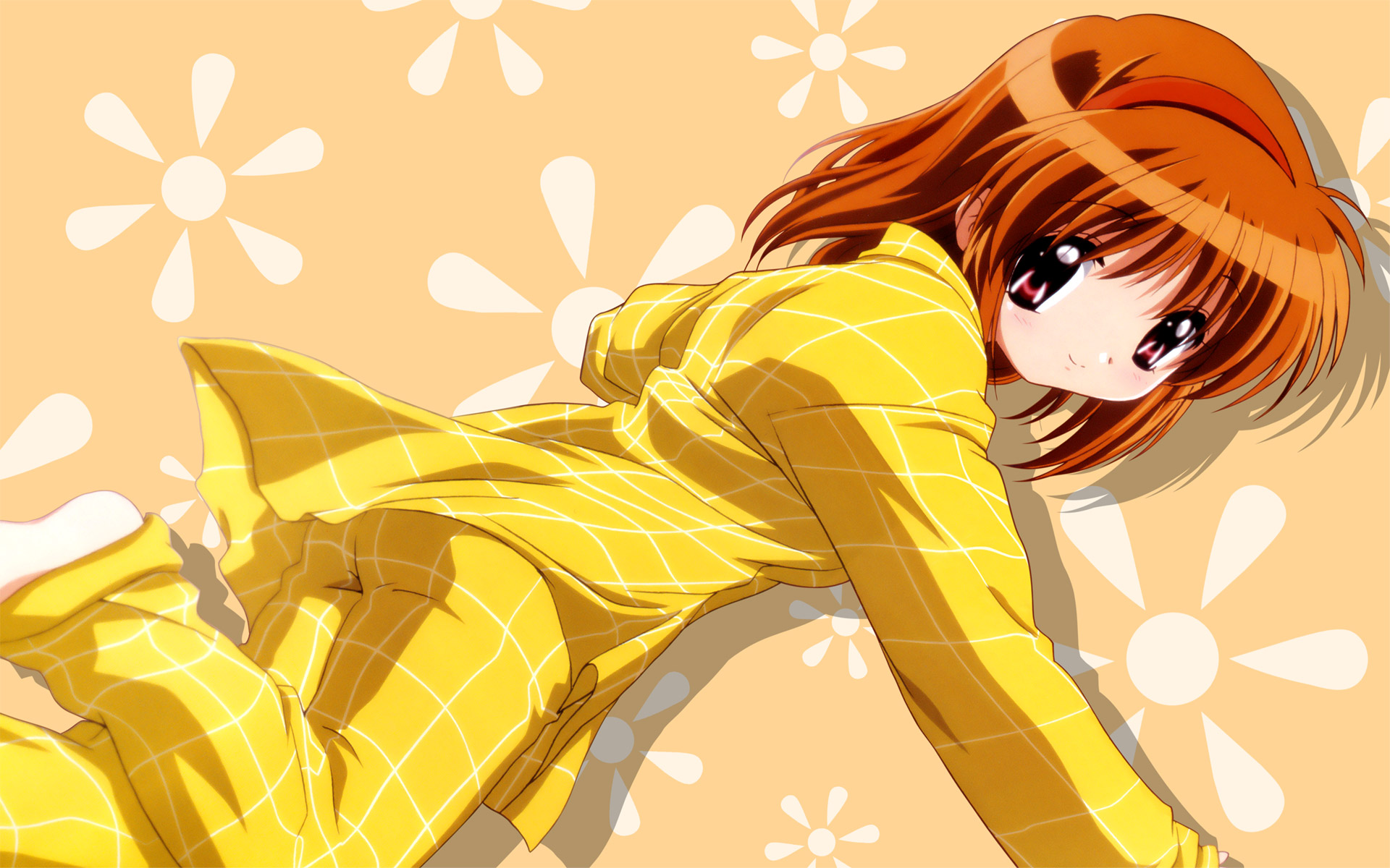 ikeda kazumi, tsukimiya ayu, kanon, highres, 1girl, barefoot, brown hair, feet, female focus, hairband, pajamas, red eyes, short hair, smile, solo