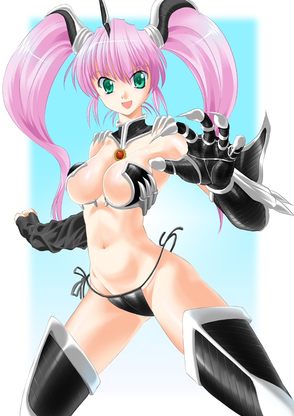 zouzou, minki (jigoku sensei nube), jigoku sensei nube, 1990s (style), 1girl, angel wings, armor, bikini, bikini armor, black bikini, breasts, elbow gloves, female focus, gloves, green eyes, panties, pink hair, retro artstyle, revealing clothes, short twintails, side-tie bikini bottom, side-tie panties, solo, swimsuit, thighhighs, twintails, underwear, wardrobe malfunction, wings