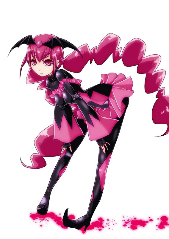 ajiko (ajicox), bad end precure, cure happy, precure, smile precure!, commentary request, 1girl, bent over, black bodysuit, bodysuit, breasts, expressionless, fingerless gloves, full body, gloves, hands on own knees, high heels, long hair, looking at viewer, pink eyes, pink hair, pointy shoes, shoes, simple background, solo, white background