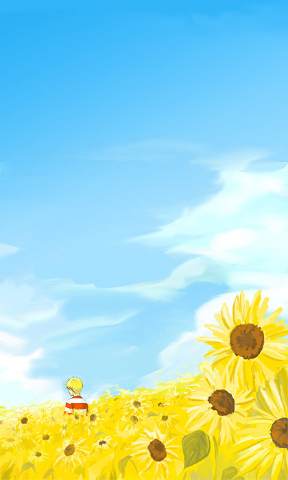 lucas (mother 3), mother (series), mother 3, nintendo, 1boy, blonde hair, day, field, flower, male focus, sky, solo, sunflower