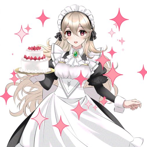 kakiko210, female corrin (fire emblem), fire emblem, fire emblem fates, nintendo, 1girl, alternate costume, apron, ascot, black dress, black hairband, blush, breasts, cake, dress, food, fruit, grey hair, hair between eyes, hairband, holding, holding plate, jewelry, long hair, long sleeves, looking at viewer, maid, maid apron, maid headdress, medium breasts, open mouth, pendant, plate, pointy ears, red eyes, simple background, smile, solo, star (symbol), strawberry, white apron, white ascot, white headdress