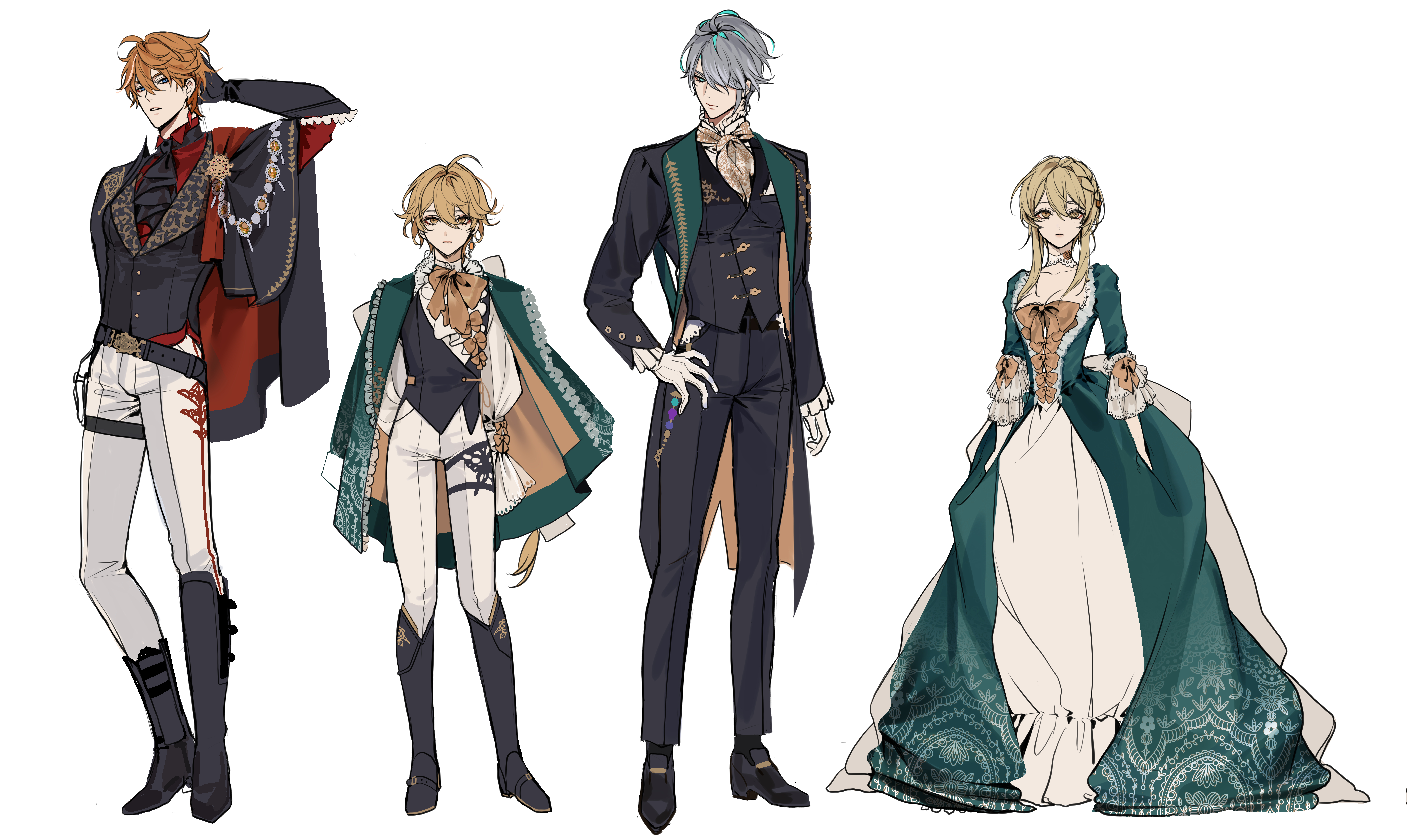 pnk crow, aether (genshin impact), alhaitham (genshin impact), lumine (genshin impact), tartaglia (genshin impact), genshin impact, absurdres, highres, 1girl, 3boys, ahoge, alternate costume, arm up, ascot, bishounen, black boots, blonde hair, boots, cassock, coat, dress, frilled dress, frills, gloves, gown, grey hair, hand on own hip, jacket, multicolored hair, multiple boys, orange hair, two-tone hair, white background, white gloves, yellow eyes
