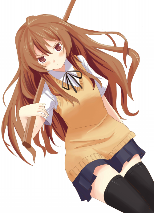 hyakuen raitaa, aisaka taiga, toradora!, bad id, bad pixiv id, 00s, 1girl, brown hair, female focus, long hair, red eyes, school uniform, simple background, solo, thighhighs, very long hair, zettai ryouiki
