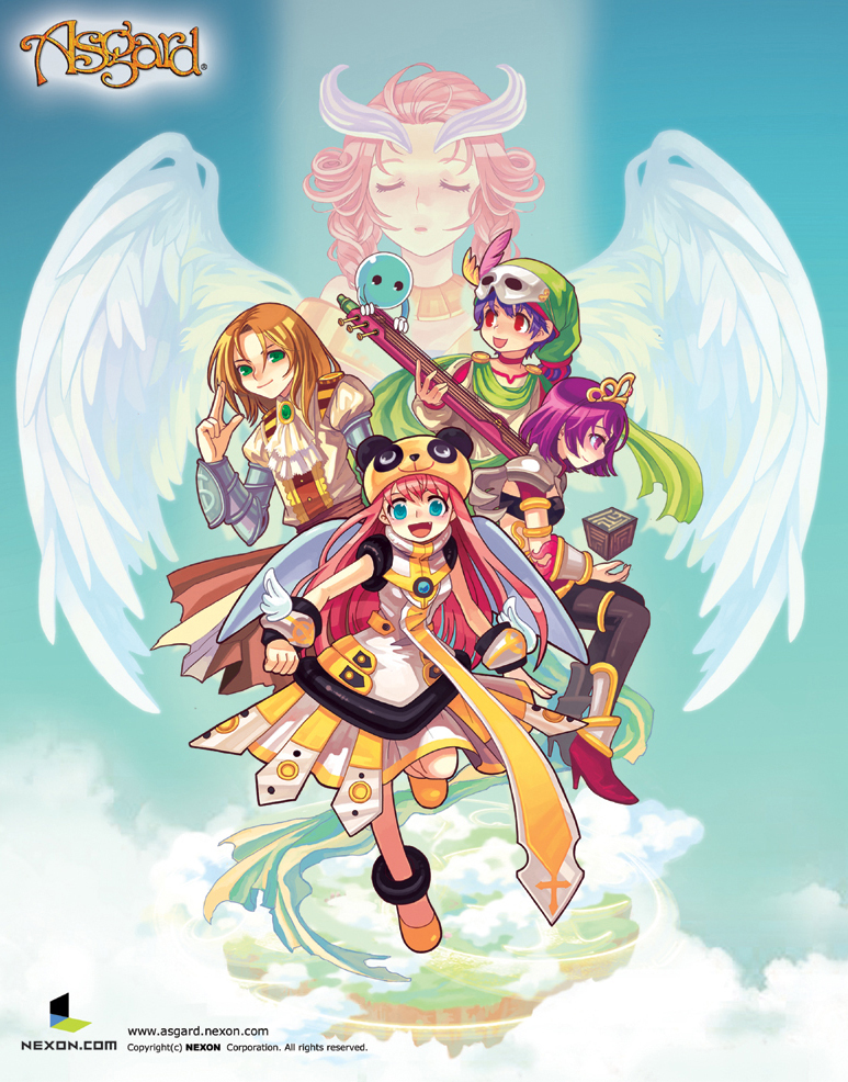 bf. (sogogiching), asgard, nexon, gold armlet, gold collar, instrument request, official art, second-party source, :d, angel wings, animal ears, ankle cuffs, aqua background, aqua eyes, aqua gemstone, arm cuffs, armlet, ascot, bare arms, black buruma, black leggings, blonde hair, blue hair, blunt ends, breasts, buruma, center frills, choker, closed mouth, cloud, company name, copyright name, copyright notice, cube, curly hair, dress, fake animal ears, feathered wings, feathers, flats, floating, floating object, frilled shirt, frills, full body, gem, gold tiara, green eyes, green hat, green scarf, hair intakes, hat, hat feather, high heels, jewelry, leggings, long hair, looking at viewer, mask, mask on head, masquerade mask, medium breasts, medium dress, open hand, open mouth, panda ears, panda hat, pink feathers, pink hair, profile, puffy short sleeves, puffy sleeves, pumps, purple hair, red choker, red eyes, red shoes, rerebrace, scarf, shirt, shoes, short hair, short sleeves, silver armor, smile, tiara, turtleneck, turtleneck dress, vambraces, very long hair, watermark, web address, white ascot, white dress, white mask, white wings, winged clothes, wings, wrist cuffs, yellow feathers, yellow hat, yellow shirt, yellow shoes, zither