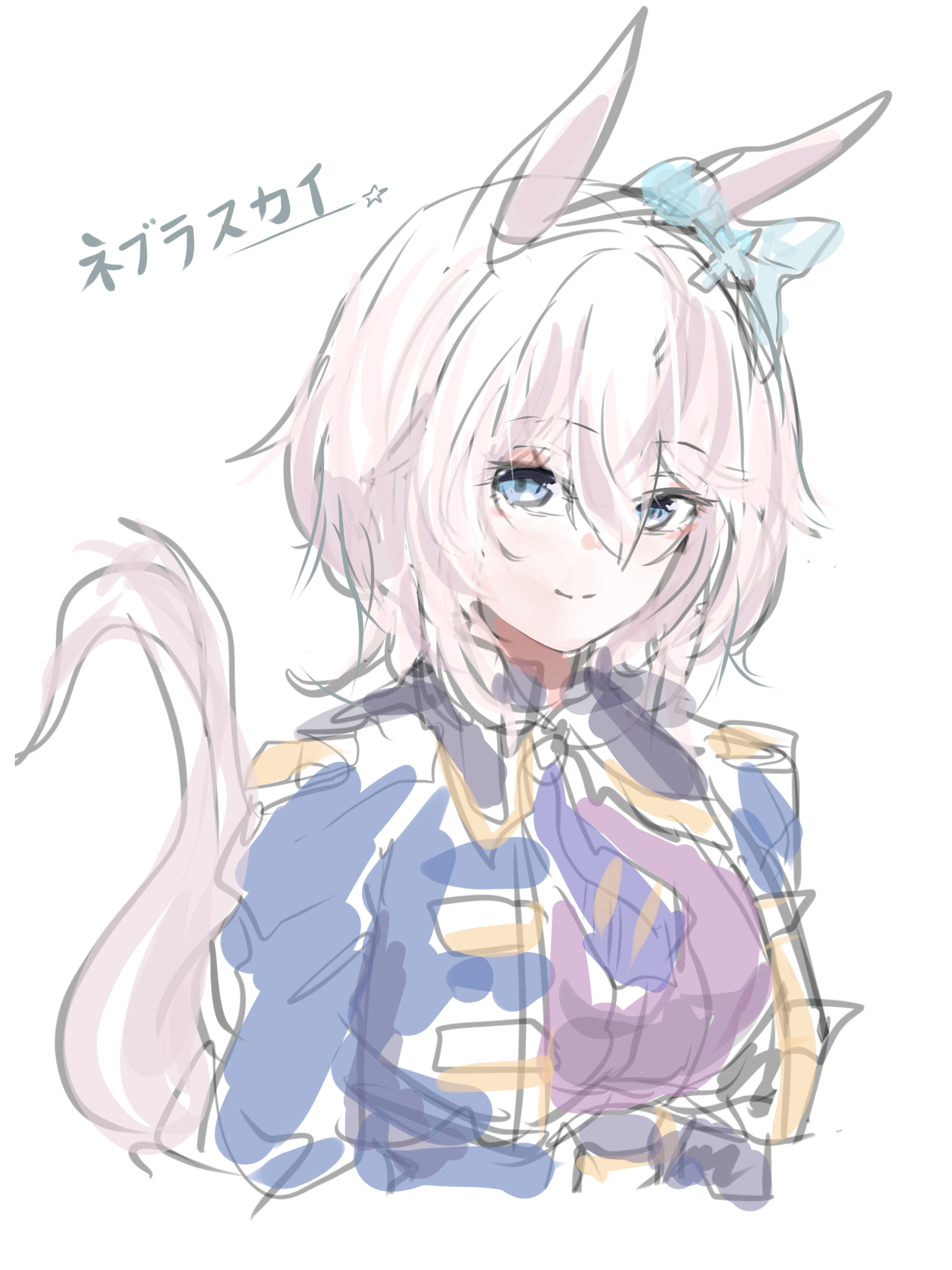 kawamochi (tddm3573), umamusume, character request, highres, translation request, 1girl, animal ears, blue eyes, blue jacket, breasts, closed mouth, cropped torso, hair between eyes, horse ears, horse girl, horse tail, jacket, medium breasts, necktie, open clothes, open jacket, pink hair, purple necktie, purple shirt, shirt, simple background, sketch, smile, solo, star (symbol), tail, upper body, white background