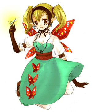 agitha, nintendo, the legend of zelda, the legend of zelda: twilight princess, lowres, 1girl, blonde hair, brown eyes, earrings, elbow gloves, female focus, gloves, jewelry, pointy ears, smile, solo, twintails, wings