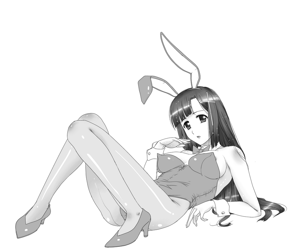 mine (peak), zange, kannagi, 00s, animal ears, fake animal ears, greyscale, high heels, long hair, monochrome, pantyhose, playboy bunny, rabbit ears, shoes, solo