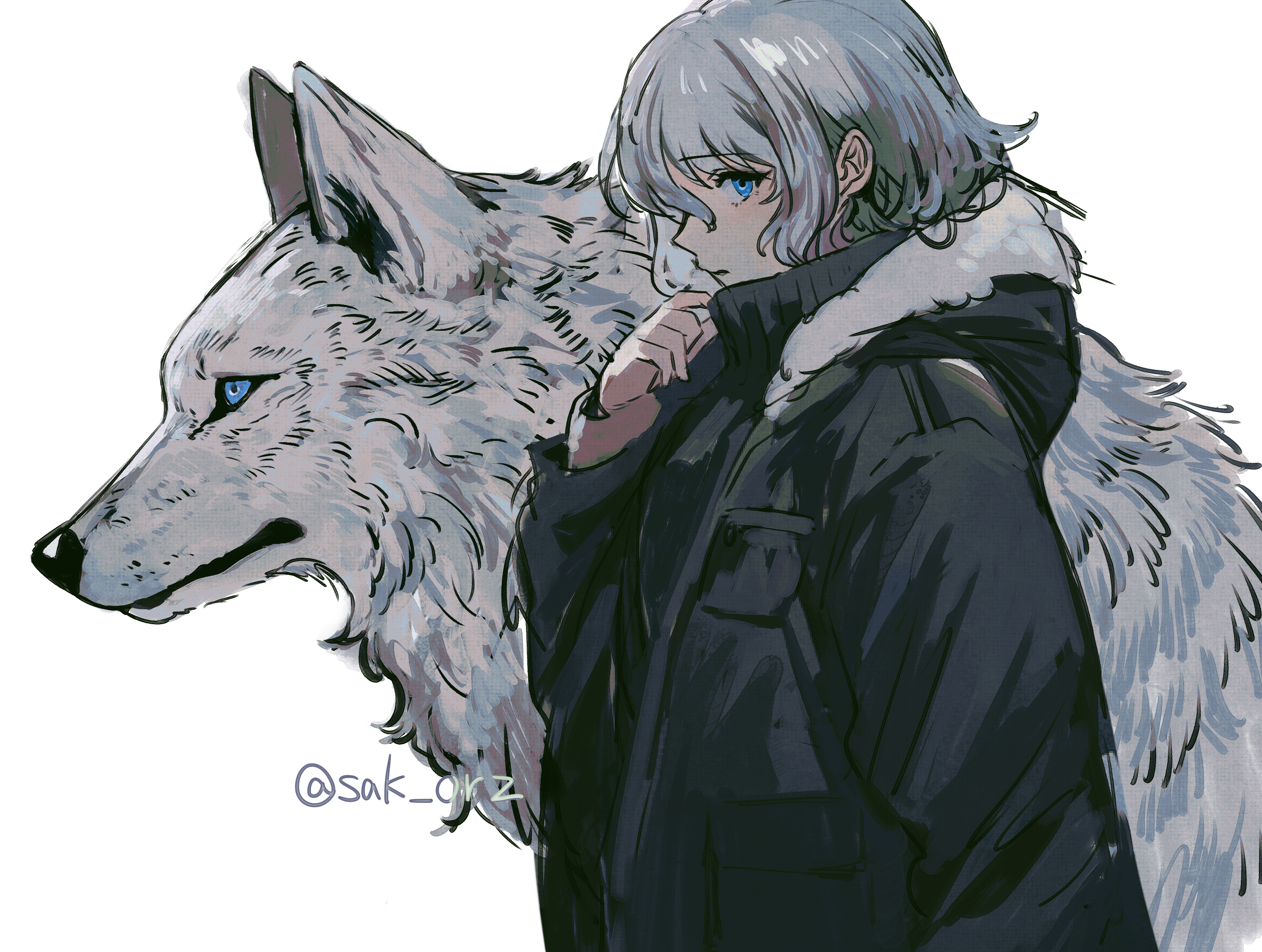 sak orz, original, absurdres, commentary, highres, 1girl, arm at side, black jacket, black sweater, blue eyes, cowboy shot, from side, fur-trimmed jacket, fur trim, hair between eyes, hand up, hood, hood down, hooded jacket, jacket, long sleeves, looking at viewer, parted lips, profile, ribbed sweater, short hair, solo, sweater, turtleneck, turtleneck sweater, twitter username, white hair, wolf