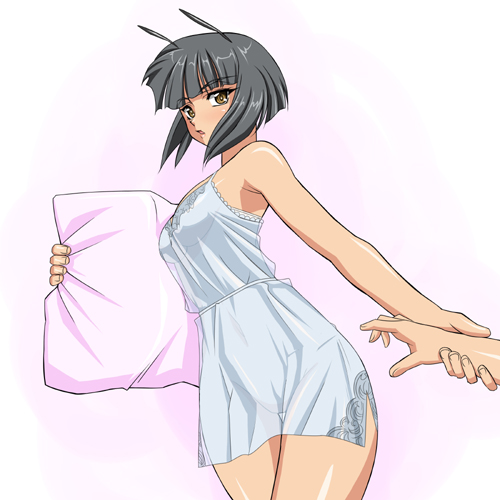 hidekazu, luciola, ghost sweeper mikami, silver hair, lowres, 1girl, antenna hair, assertive female, brown eyes, camisole, dragging, lingerie, looking at viewer, negligee, open mouth, pillow, pov, see-through clothes, short hair, simple background, solo focus, underwear