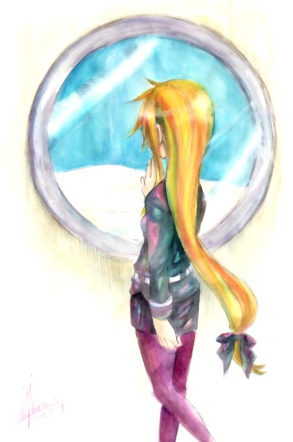 fate testarossa, lyrical nanoha, mahou shoujo lyrical nanoha, 00s, 1girl, against glass, belt, blonde hair, bow, female focus, from behind, hair bow, hair ribbon, long hair, low-tied long hair, miniskirt, pantyhose, pencil skirt, ponytail, purple pantyhose, ribbon, skirt, solo, very long hair, window