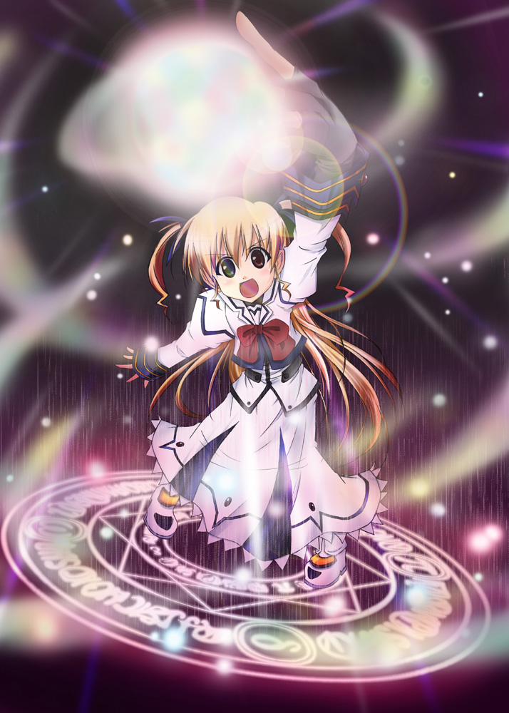 takamachi nanoha, takamachi nanoha (sacred mode), vivio, lyrical nanoha, mahou shoujo lyrical nanoha, 00s, 1girl, blonde hair, female focus, heterochromia, long hair, magic, magic circle, octagram, solo, twintails, two side up