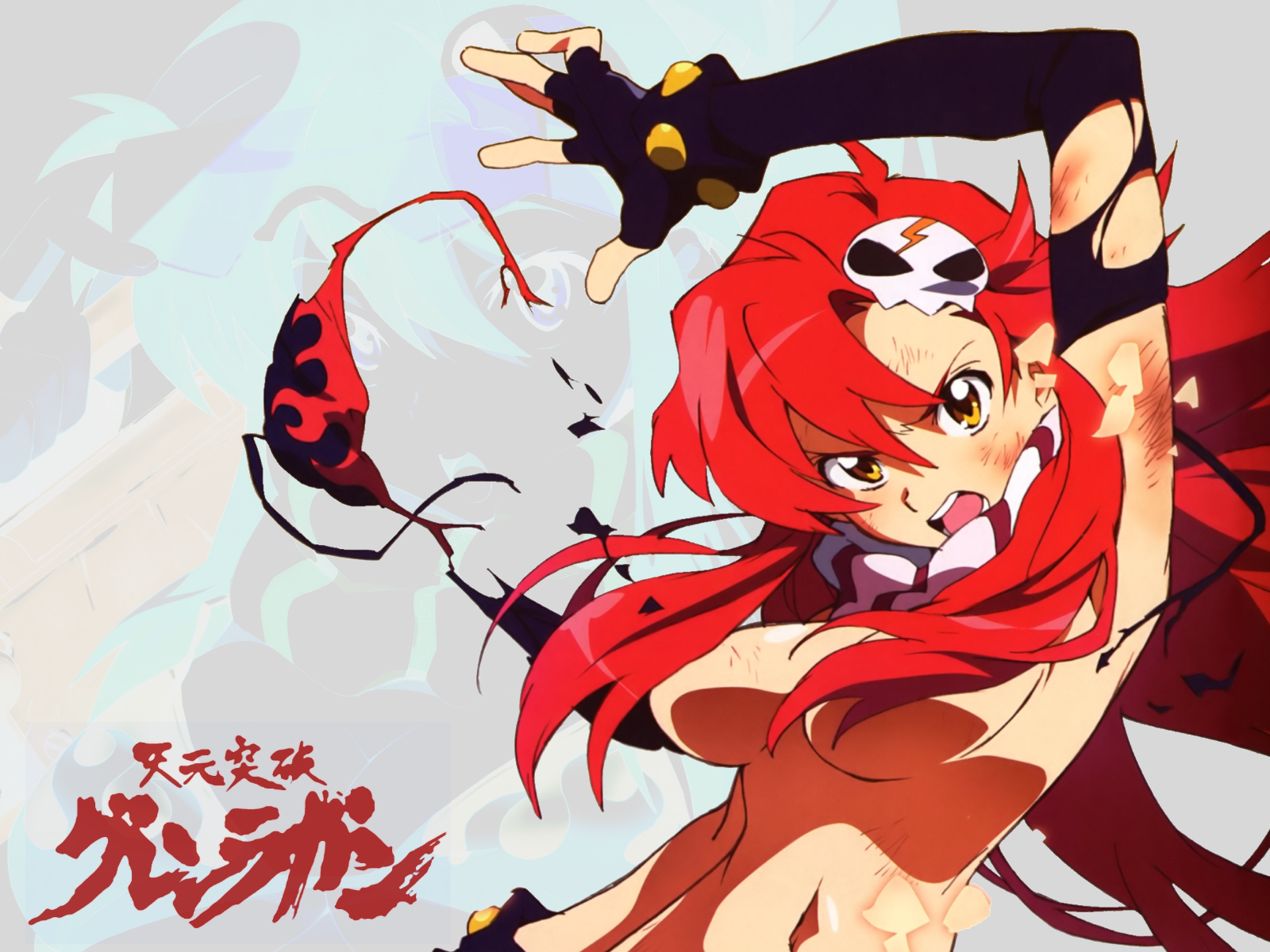nishigori atsushi, yoko littner, tengen toppa gurren lagann, highres, official art, 00s, 1girl, bikini, bikini top only, blush, breasts, convenient censoring, elbow gloves, female focus, gloves, hair censor, hair over breasts, long hair, medium breasts, navel, open mouth, ponytail, red hair, scarf, solo, swimsuit, topless female, torn bikini, torn clothes, torn swimsuit, yellow eyes