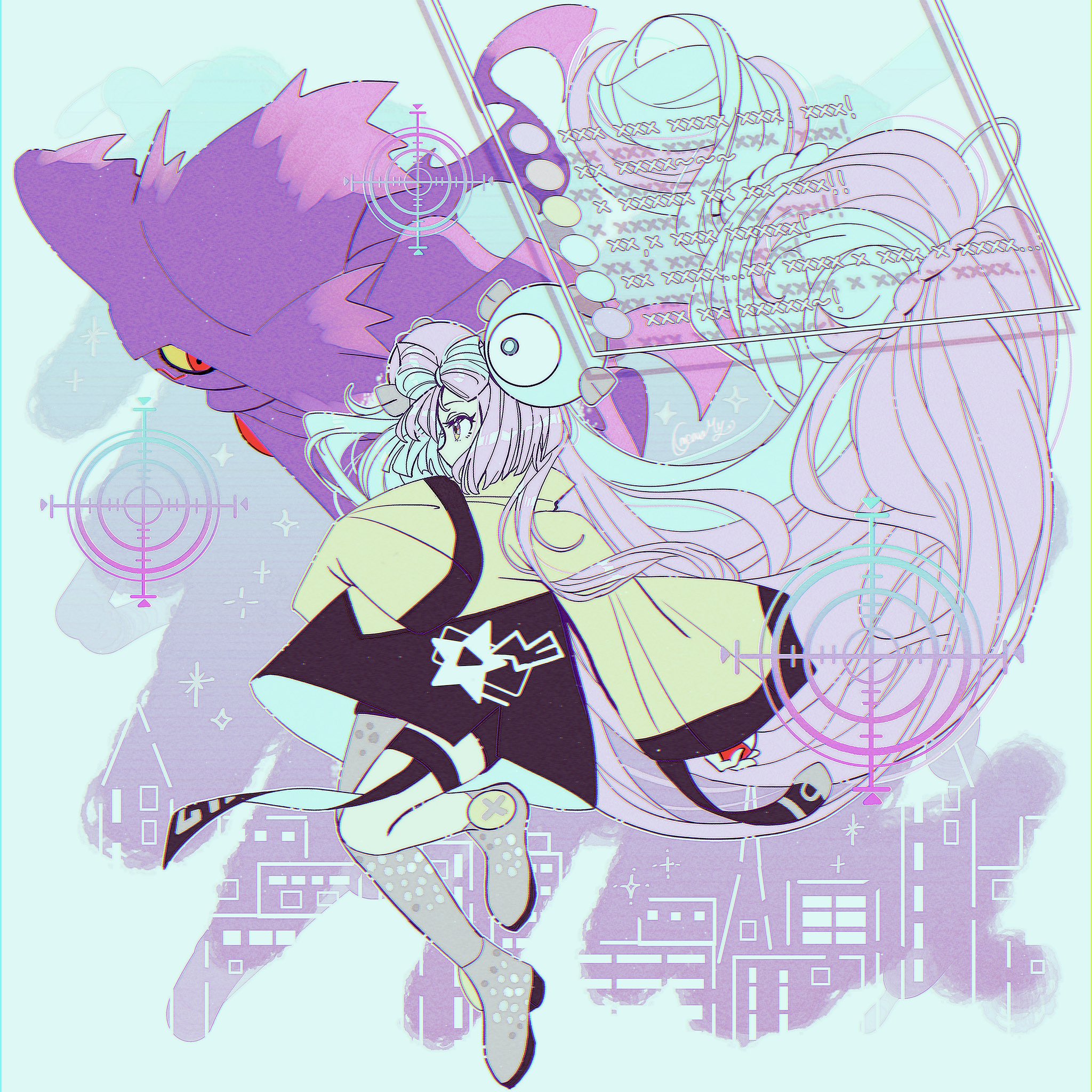 fukkatsu no maya, iono (pokemon), mismagius, nintendo, pokemon, pokemon sv, highres, 1girl, blue hair, bow-shaped hair, character hair ornament, cyberpunk, fake hair bun, gen 4 pokemon, grey pantyhose, hair ornament, hexagon print, jacket, long hair, multicolored hair, oversized clothes, pantyhose, pink hair, pokemon (creature), single leg pantyhose, sleeves past fingers, sleeves past wrists, split-color hair, two-tone hair, very long sleeves, x (symbol), yellow jacket