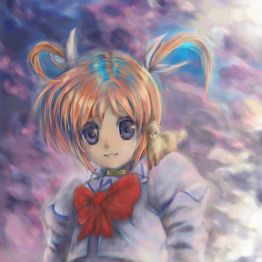loo, takamachi nanoha, lyrical nanoha, mahou shoujo lyrical nanoha, uniform, bad id, bad pixiv id, 00s, 1girl, ahoge, blue eyes, bow, bowtie, breasts, female focus, looking at viewer, red bow, red bowtie, short hair, sidelocks, solo, twintails