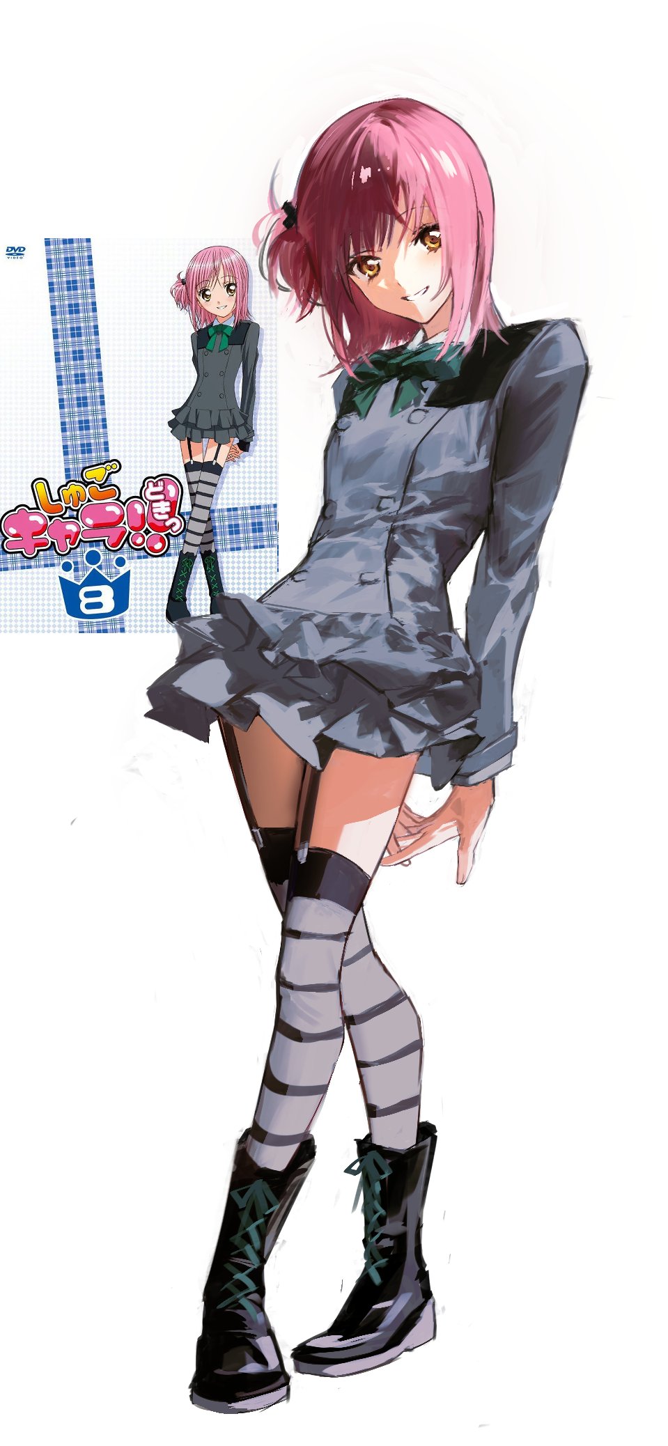 hinamori amu, shugo chara!, highres, 1girl, arms behind back, black boots, boots, crossed legs, dress, garter straps, green ribbon, grey dress, hair ornament, long sleeves, looking at viewer, medium hair, neck ribbon, one side up, pink hair, reference inset, ribbon, smile, solo, striped clothes, striped thighhighs, thighhighs, vertical-striped clothes, vertical-striped thighhighs, x hair ornament, x p4r, yellow eyes