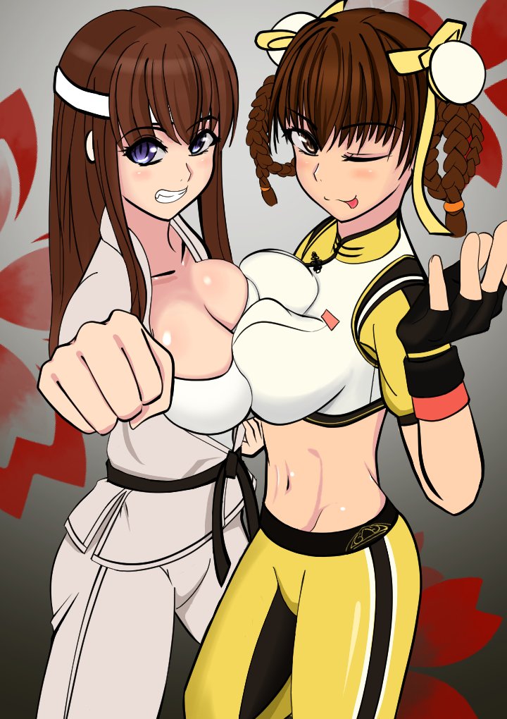 hitomi (doa), lei fang, dead or alive, dead or alive 6, belt, black belt, blue eyes, blush, braid, braided hair rings, breast press, breasts, brown eyes, brown hair, cleavage, clenched hand, double bun, dougi, grin, hair bun, hair rings, headband, karate gi, large breasts, long hair, looking at viewer, midriff, official alternate costume, one eye closed, pankou, precure18nanmi1, smile, symmetrical docking, tongue, tongue out, white headband