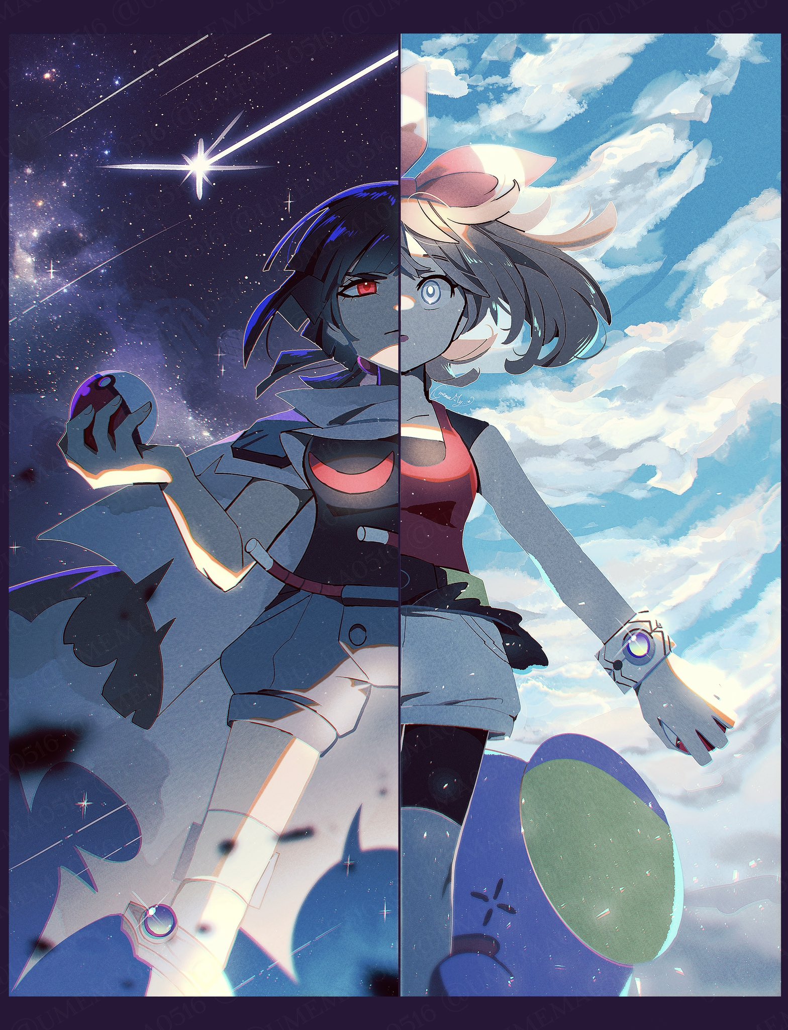 fukkatsu no maya, may (pokemon), whismur, zinnia (pokemon), nintendo, pokemon, pokemon oras, highres, 2girls, belt, bike shorts, bike shorts under shorts, blue sky, boots, bow hairband, brown hair, cape, cloak, gen 3 pokemon, grey cape, grey shorts, hairband, holding, holding poke ball, mega ring, multiple girls, open-toe boots, over-kneehighs, poke ball, ponytail, red belt, red hairband, red shirt, rope belt, shirt, short ponytail, shorts, side-by-side, sky, star (sky), starry sky, thighhighs