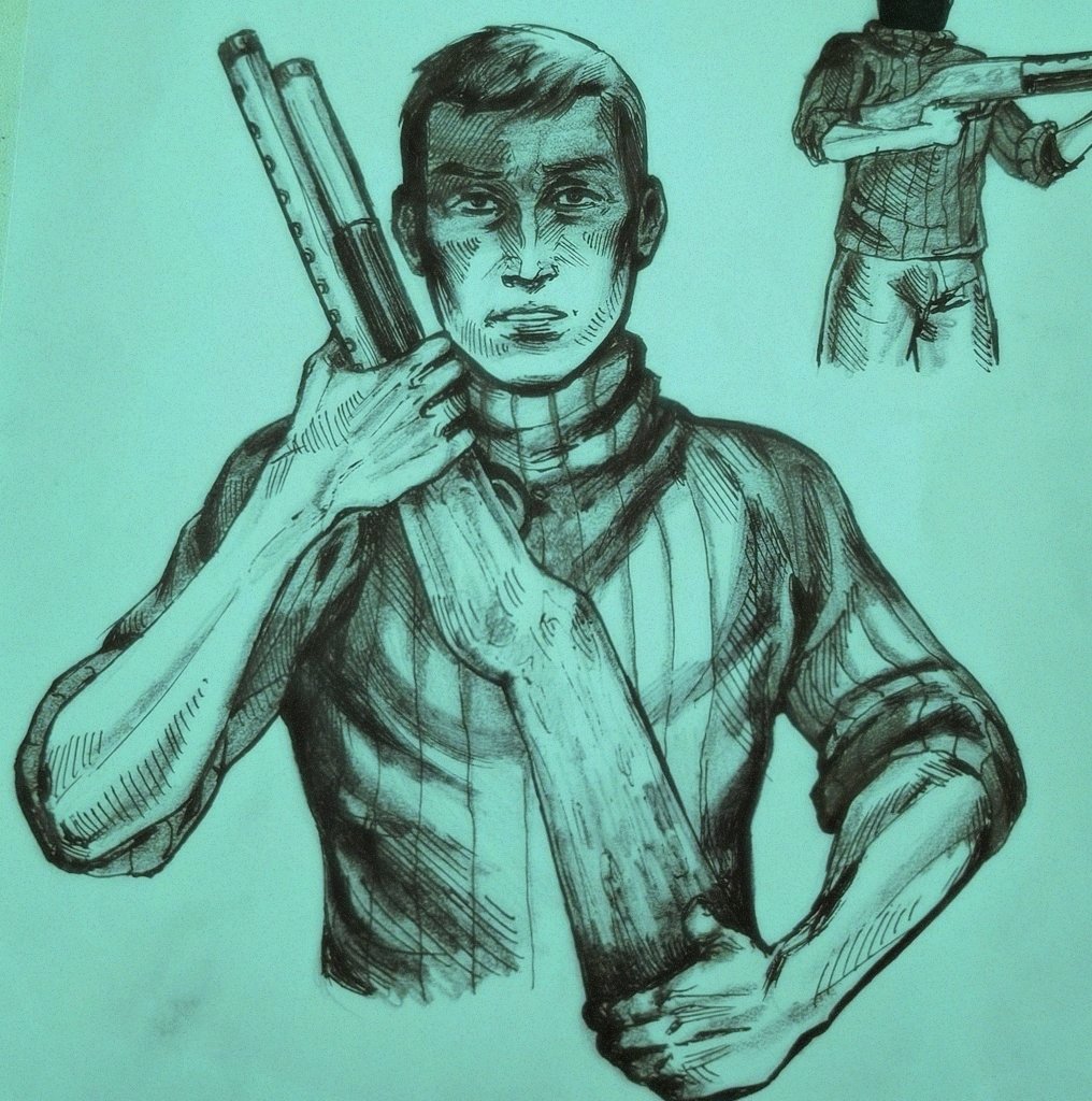 no i'm not a human, 1boy, black eyes, black hair, cropped legs, cropped torso, green theme, gun, head out of frame, holding, holding gun, holding weapon, inhundefender, looking at viewer, male focus, mature male, parted lips, protagonist (no i'm not a human), short hair, shotgun, sketch, sweater, trigger discipline, turtleneck, turtleneck sweater, vertical-striped sweater, weapon