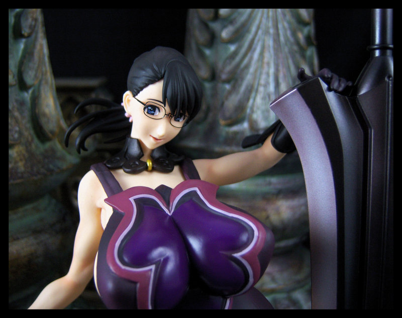 cattleya (queen's blade), weapon merchant cattleya, queen's blade, photo (medium), 00s, 1girl, black hair, breasts, detached collar, facing viewer, female focus, figure, glasses, gloves, huge breasts, impossible clothes, impossible leotard, leotard, long hair, looking at viewer, mature female, no bra, ponytail, solo, sword, upper body, weapon