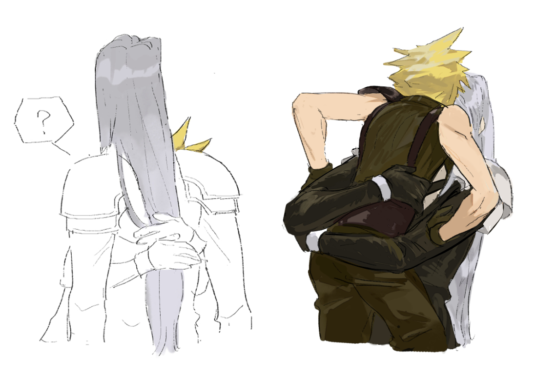 pai jingguan, cloud strife, sephiroth, final fantasy, final fantasy vii, chinese commentary, commentary request, 2boys, ?, armor, arms around waist, belt, black coat, black gloves, black pants, black sweater, blonde hair, coat, cropped torso, facing away, gloves, grey hair, hand on another's arm, height difference, hug, long hair, long sleeves, male focus, multiple boys, pants, partially colored, pauldrons, short hair, shoulder armor, single pauldron, sketch, sleeveless, sleeveless turtleneck, spiked hair, standing, struggling, suspenders, sweater, turtleneck, turtleneck sweater, upper body, very long hair, white background, yaoi