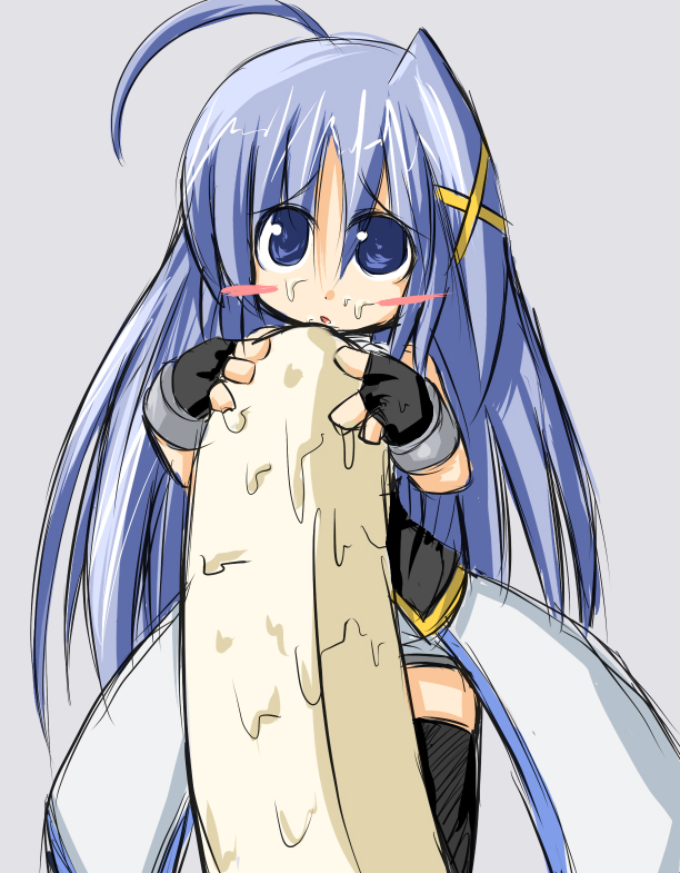 asuka tsubasa, reinforce zwei, lyrical nanoha, mahou shoujo lyrical nanoha, 00s, 1girl, ahoge, banana, blue eyes, blue hair, eating, female focus, fingerless gloves, food, fruit, gloves, hair ornament, holding, holding food, holding fruit, in food, long hair, matching hair/eyes, mini person, minigirl, sexually suggestive, sketch, solo, thighhighs, x hair ornament, zettai ryouiki