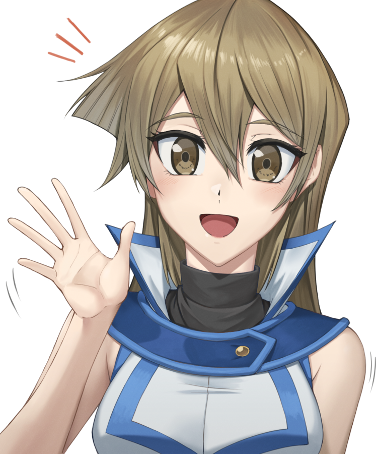 rourou ill, tenjouin asuka, yu-gi-oh!, yu-gi-oh! gx, commentary, symbol-only commentary, 1girl, :d, breasts, brown eyes, brown hair, double-parted bangs, duel academy uniform (yu-gi-oh! gx), hair between eyes, large breasts, light blush, long hair, looking at viewer, motion lines, notice lines, open mouth, shirt, simple background, smile, solo, upper body, waving, white background
