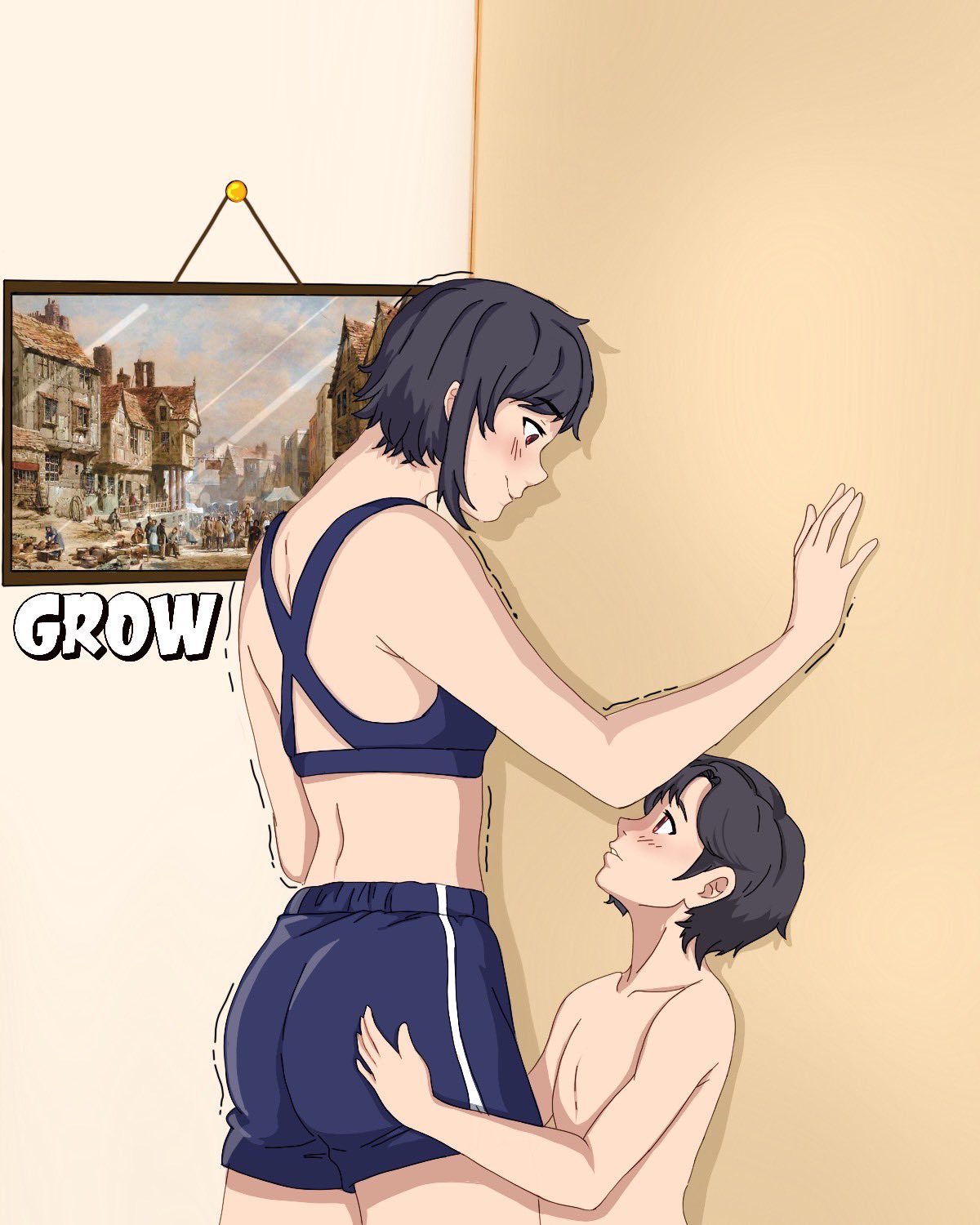 original, highres, against wall, black hair, breasts, giant, giantess, hands on another's ass, height difference, itsraquelm21, long bangs, nervous, shaking, small breasts, sports bra, tomboy