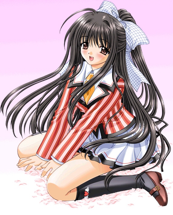 nishimata aoi, hoshizaki nozomi, sore wa maichiru sakura no you ni, non-web source, black hair, blush, brown eyes, kneehighs, kneeling, long hair, open mouth, ponytail, socks, solo