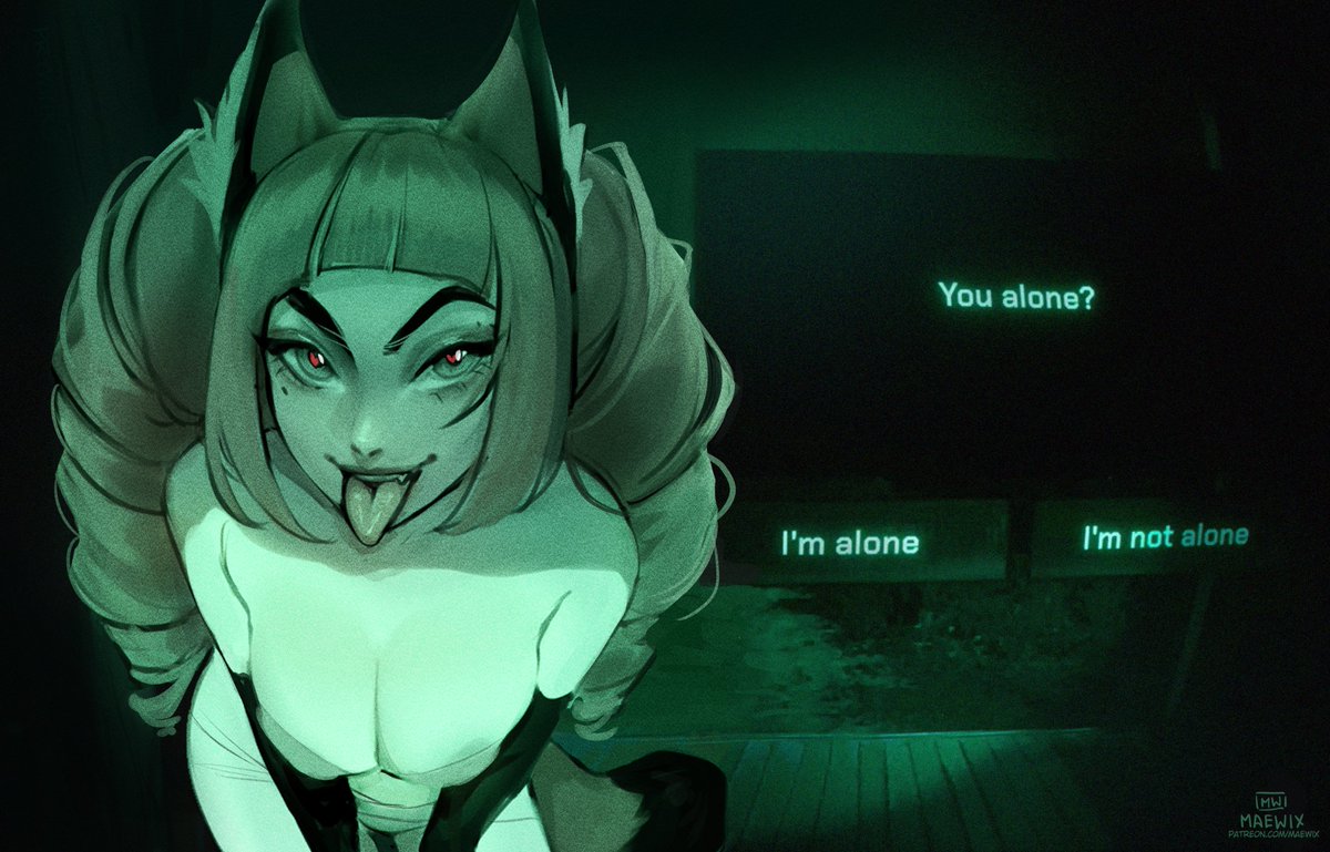 maewix (artist), no i'm not a human, original, commentary, english commentary, 1girl, animal ear fluff, animal ears, artist name, bare shoulders, blunt bangs, breasts, cleavage, dialogue box, dialogue options, drill hair, elbow gloves, english text, fang, fox ears, fox girl, fox tail, gloves, green theme, heart, heart in eye, large breasts, long sleeves, looking at viewer, mole, mole under eye, night vision, open mouth, parody, shaya (maewix), smile, solo, symbol in eye, tail, tongue, tongue out, twin drills, v-shaped eyebrows