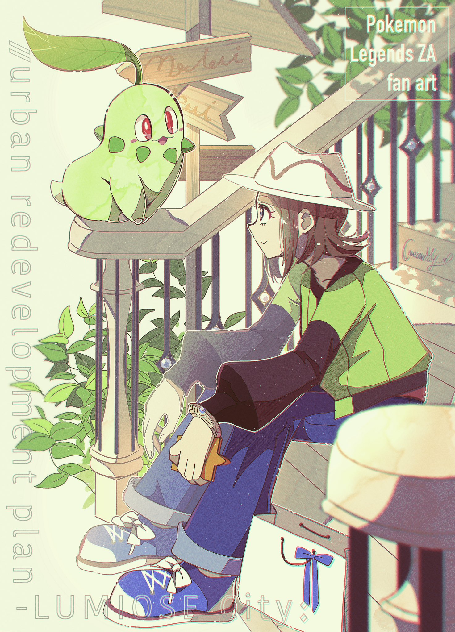 fukkatsu no maya, chikorita, harmony (pokemon), rotom, rotom phone, nintendo, pokemon, pokemon legends: z-a, commentary, highres, bell-bottoms, blue shoes, brown hair, english text, gen 2 pokemon, gen 4 pokemon, green jacket, hat, holding, jacket, mega ring, mega stone, pants, plant, pokemon (creature), shoes, short hair, sitting, sitting on stairs, stairs, striped hat, white hat