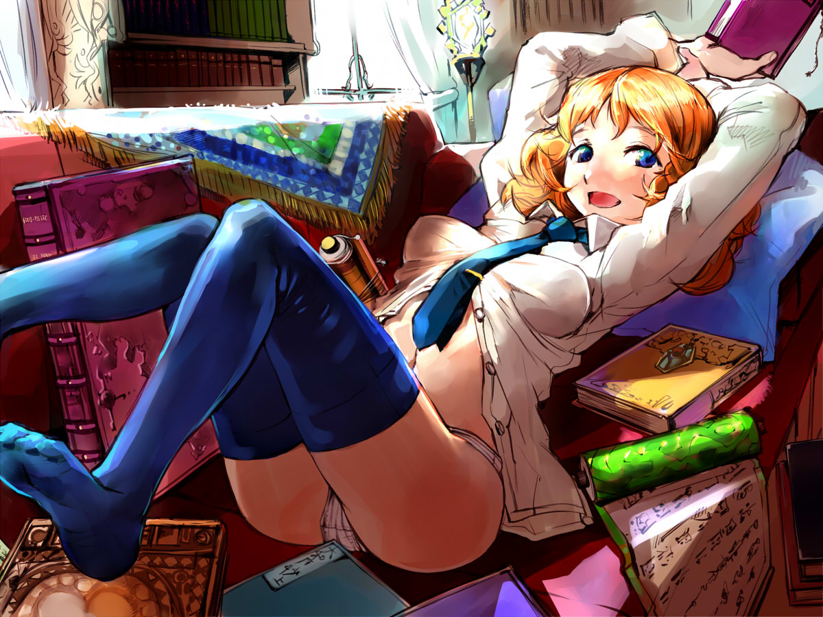 igarashi mangou, original, 1girl, arms up, blonde hair, blue eyes, book, couch, dress shirt, feet, female focus, lying, navel, necktie, scroll, shirt, short hair, solo, thighhighs