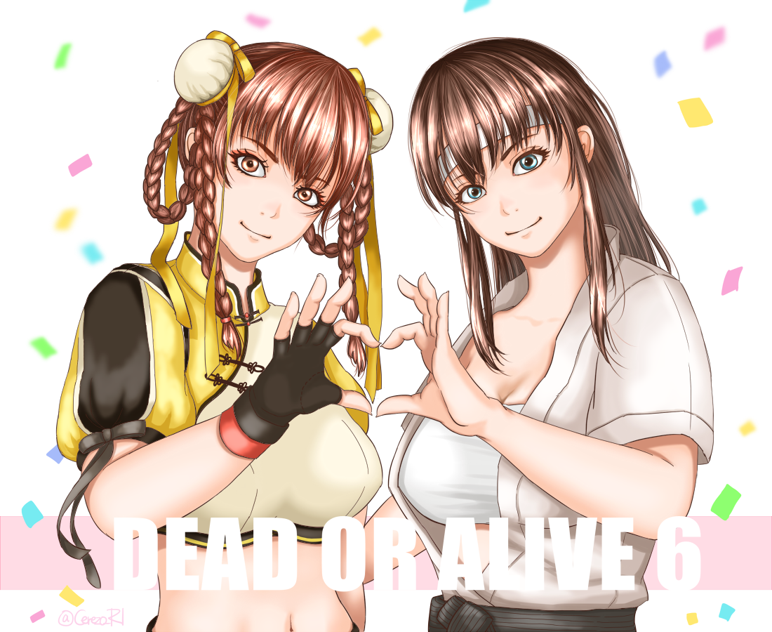haruki (cerezo r1), hitomi (doa), lei fang, dead or alive, dead or alive 6, blue eyes, braid, braided hair rings, breasts, brown eyes, brown hair, cleavage, double bun, dougi, fingerless gloves, gloves, hair bun, hair rings, hairband, heart, heart hands, heart hands duo, karate gi, long hair, looking at viewer, midriff, pankou, sidelocks, smile, white hairband