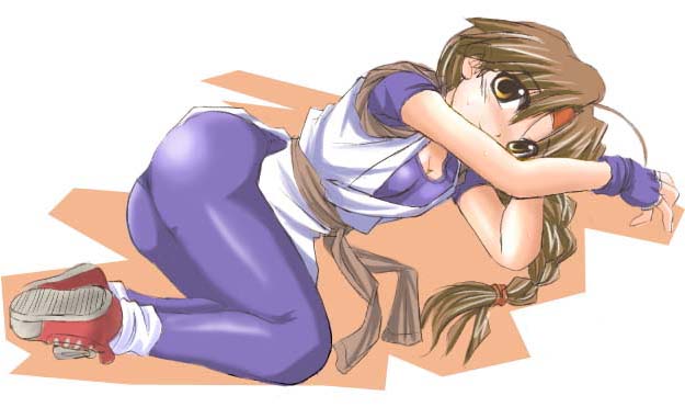 tonpuu, yuri sakazaki, ryuuko no ken, snk, the king of fighters, 1girl, ass, blush, braid, brown eyes, brown hair, dougi, female focus, gloves, headband, long hair, loose socks, lying, sash, shoes, single braid, sneakers, socks, solo, spandex, very long hair