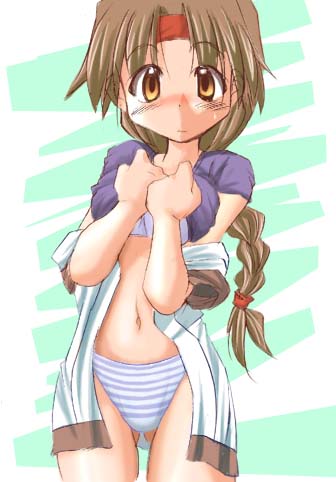 tonpuu, yuri sakazaki, ryuuko no ken, snk, the king of fighters, lowres, 1girl, blush, bottomless, braid, brown eyes, brown hair, dougi, embarrassed, female focus, headband, navel, no pants, panties, single braid, solo, standing, striped clothes, striped panties, underwear, undressing