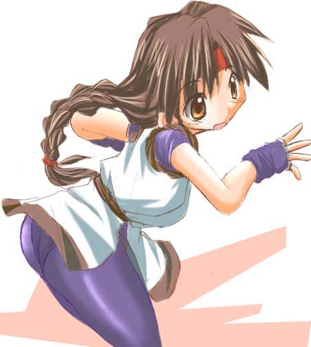 tonpuu, yuri sakazaki, ryuuko no ken, snk, the king of fighters, 1girl, ass, bent over, blush, braid, brown eyes, brown hair, dougi, female focus, gloves, headband, long hair, sash, single braid, solo, spandex, surprised, very long hair