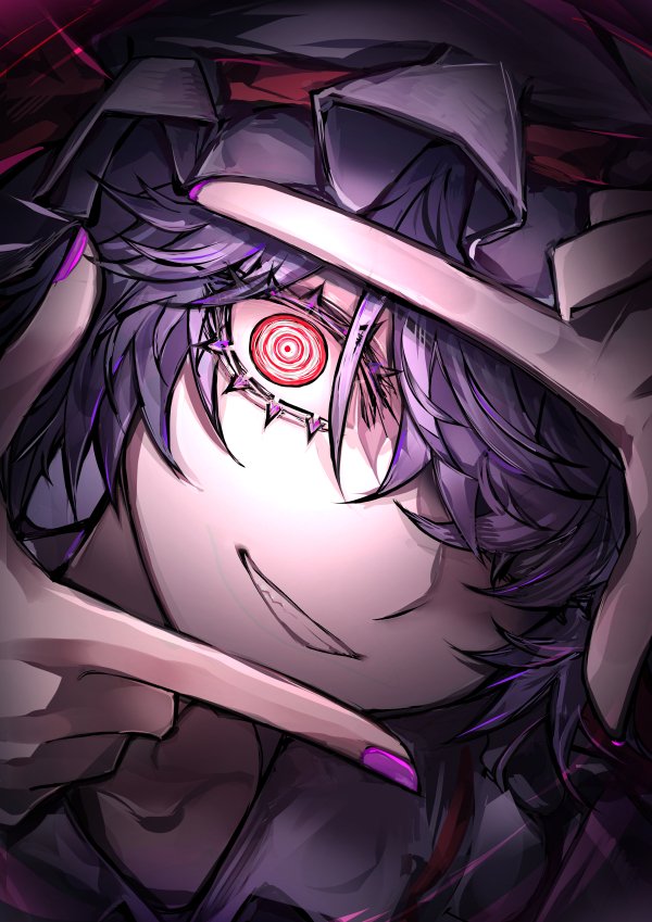 33 gaff, remilia scarlet, touhou, commentary request, 1girl, ;d, blue hair, fang, finger frame, grin, hair over one eye, hat, looking at viewer, mob cap, one eye closed, open mouth, portrait, purple nails, red eyes, ringed eyes, short hair, smile, solo, teeth
