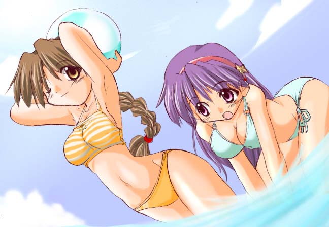 tonpuu, asamiya athena, yuri sakazaki, ryuuko no ken, snk, the king of fighters, striped, 2girls, arms up, bent over, bikini, blush, braid, breasts, brown eyes, brown hair, day, hairband, headband, medium breasts, multiple girls, navel, one eye closed, purple eyes, purple hair, red hairband, side-tie bikini bottom, single braid, standing, swimsuit, wink