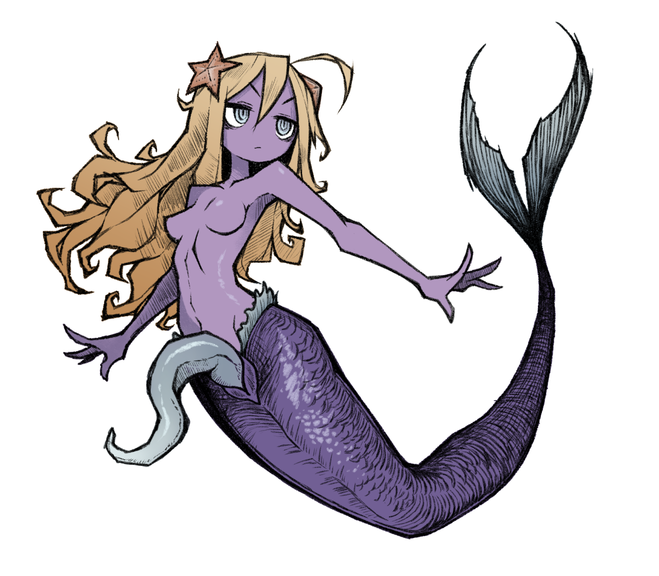 akableak, original, 1girl, blonde hair, breasts, closed mouth, colored skin, futanari, grey eyes, long hair, medium breasts, mermaid, monster girl, nude, purple skin, ringed eyes, simple background, solo, transparent background
